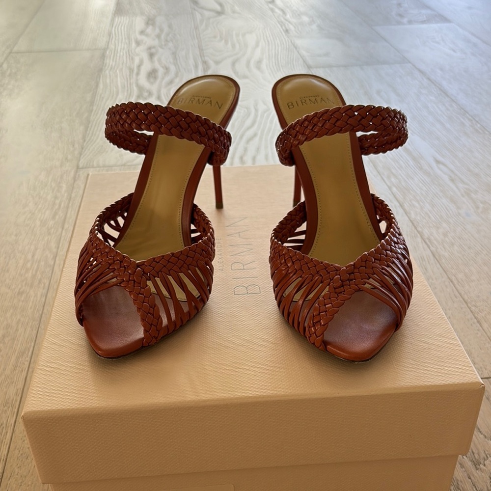 Alexandre Birman terracotta brown Heels with Ankle Strap and Woven Design
